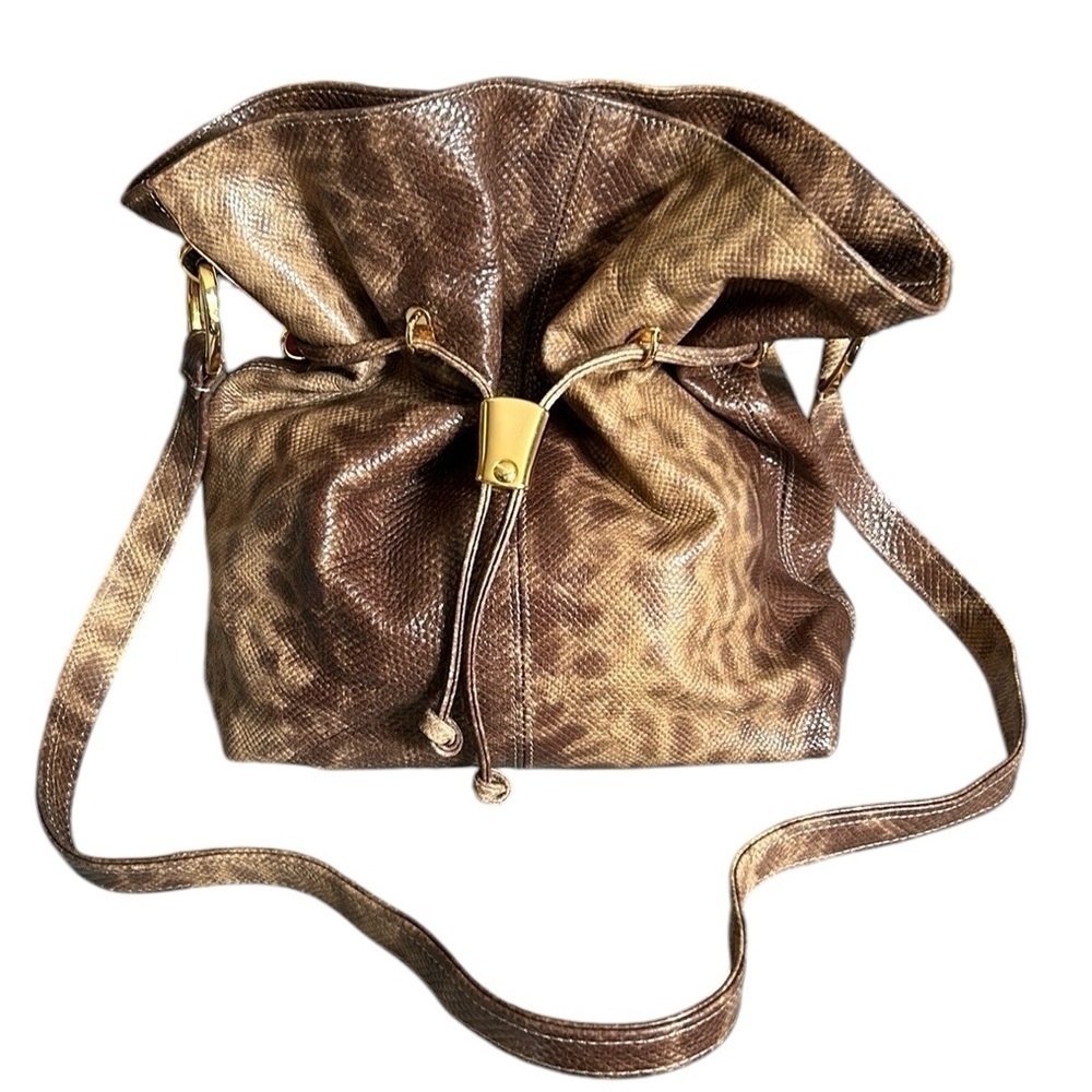 Snakeskin Print Bucket Bag with Drawstring and Shoulder Strap by Mazzanila